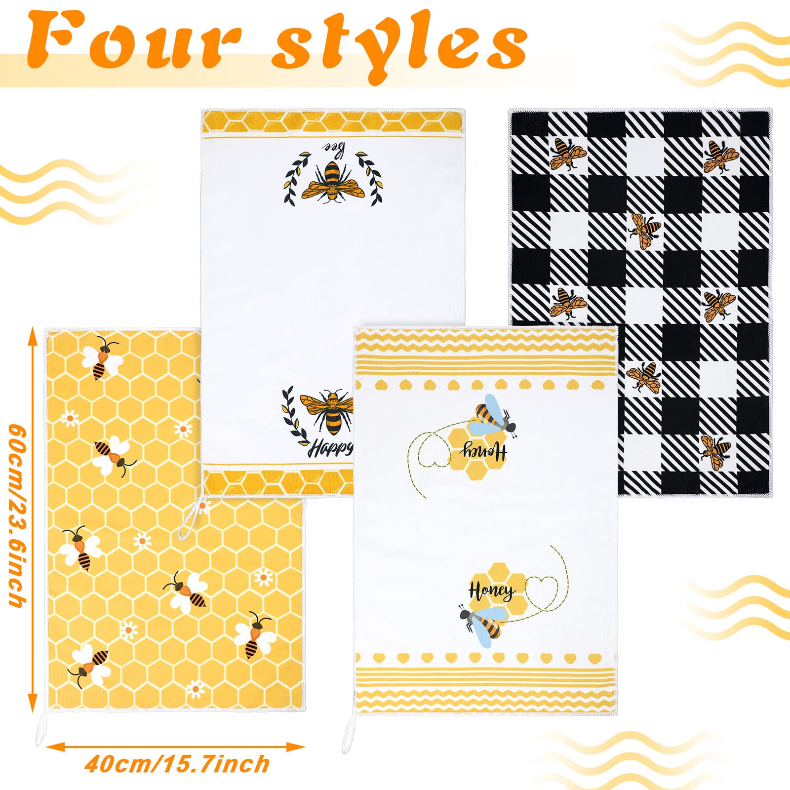 Tegeme 4 Pcs Bee Kitchen Tea Towel Honey Bee Dish Towels Honeycomb Bath Washcloth Honey Hand Polyester Absorbent Cloths Accessor